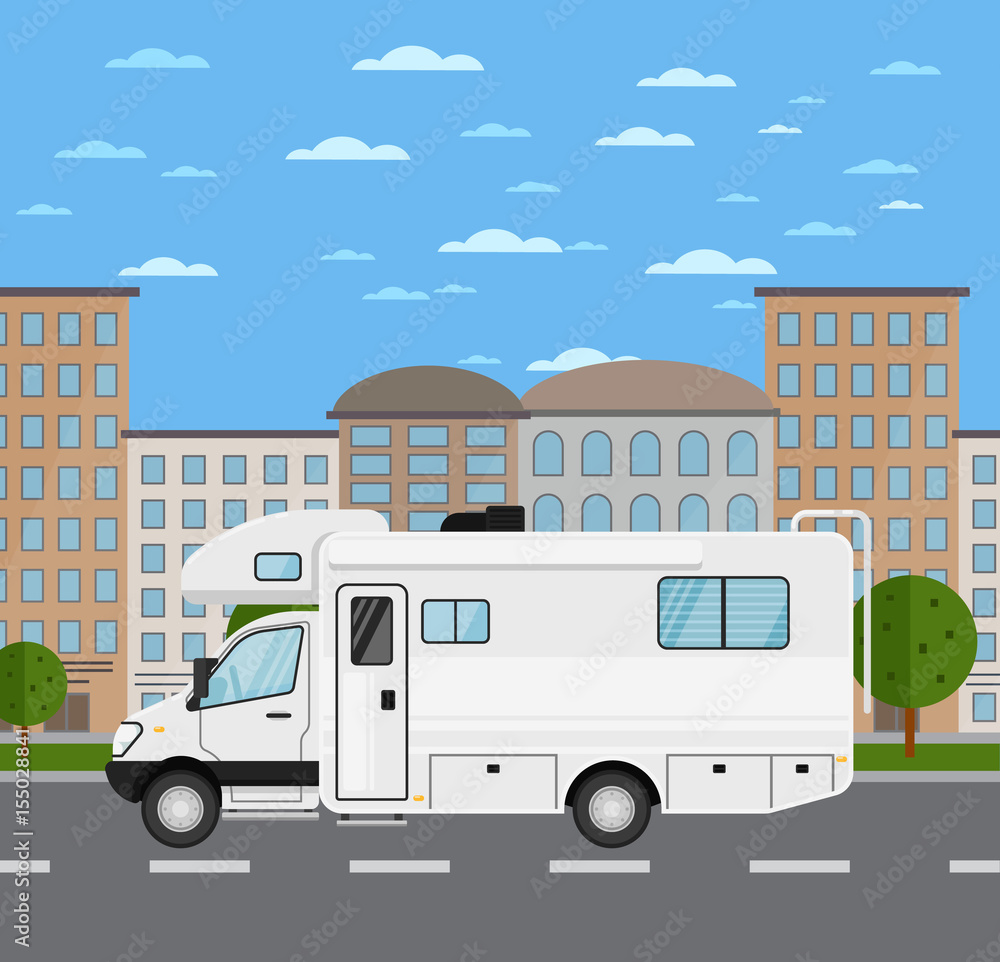 Modern camper van in urban landscape. Comfortable minibus, family trailer, people transportation concept. City street road traffic vector illustration, cityscape background with skyscrapers.