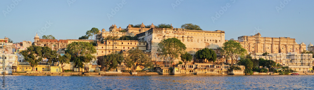 Beautiful panoramic view of City Palace in Udaipur, Rajastan, India. View from Pichola Lake