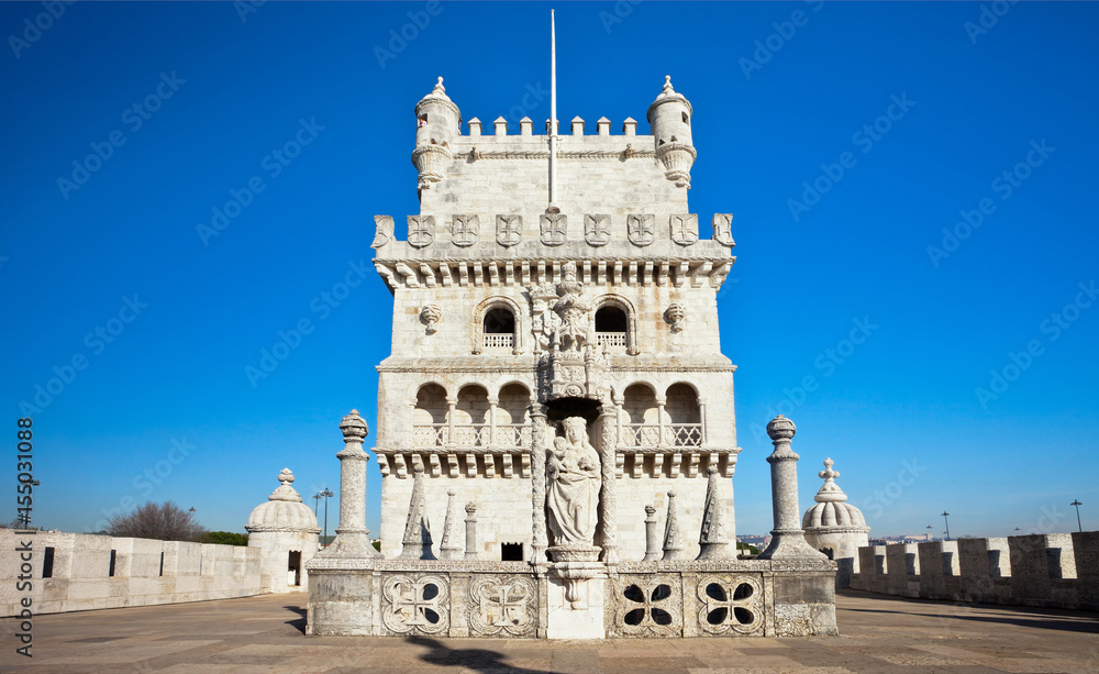 Lisbon. The Belem Tower (1515-1521). The statue of Our Lady with the baby, which the seafarers prayed for in their journeys to new lands (Torre de Belem) Lisbon. The Belem Tower (1515-1521). The statue of Our Lady with the baby, which the seafarers prayed for in their journeys to new lands (Torre de Belem)