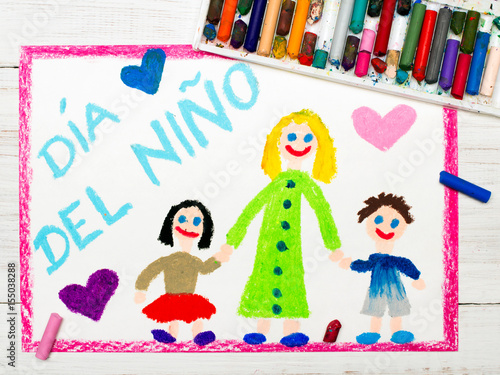 Colorful drawing  Children s day card with Spanish words Children s day