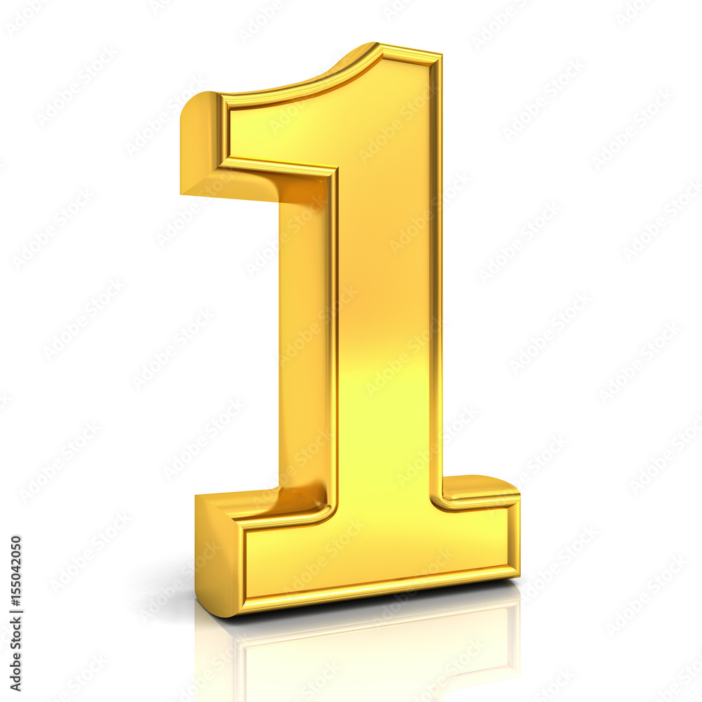 3D gold number one , 1 isolated over white background with reflection and shadow. 3D rendering. 3D gold number one , 1 isolated over white background with reflection and shadow. 3D rendering.