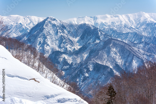 Beautiful winter landscape with snow covered mountain peaks in Japan.Concept travel in japan.
