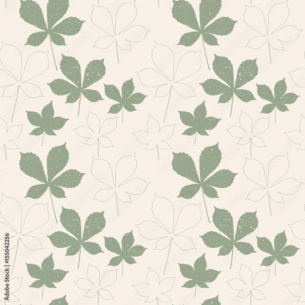 Vector floral pattern with chestnut tree leaves. Simple hand drawn leaves outlines in khaki green on beige background with worn out texture. Vector floral pattern with chestnut tree leaves. Simple hand drawn leaves outlines in khaki green on beige background with worn out texture.