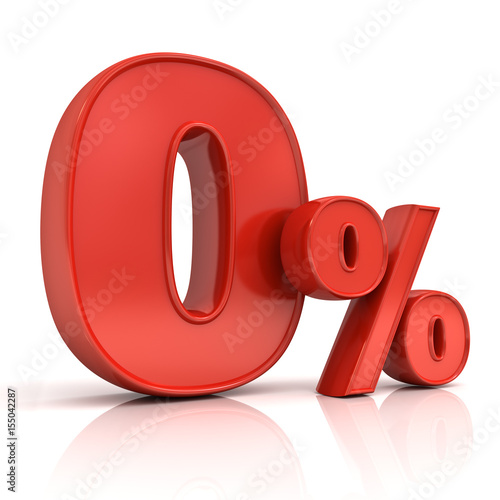 Foto Red zero percent or 0 % isolated over white background with shadow and reflection