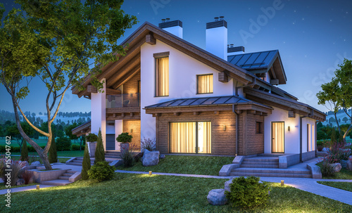 3d rendering of modern cozy house in chalet style photo