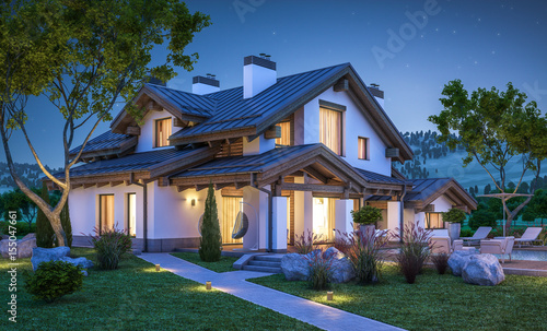 3d rendering of modern cozy house in chalet style