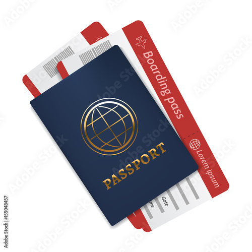 International passport with a blue cover and two air tickets. Realistic isolated illustration.