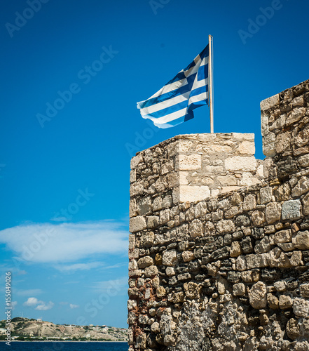 Obraz na płótnie Greek flag on the top of fortifications. Greece, Crete, fortification w salonie
