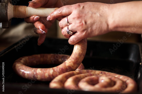 cooking close up homemade sausage with raw meat and spices