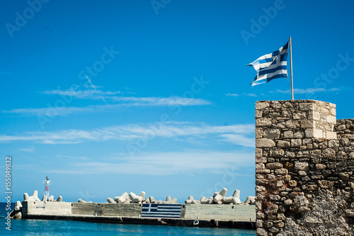 Obraz na płótnie Greek flag on the top of fortifications. Greece, Crete, fortification w salonie