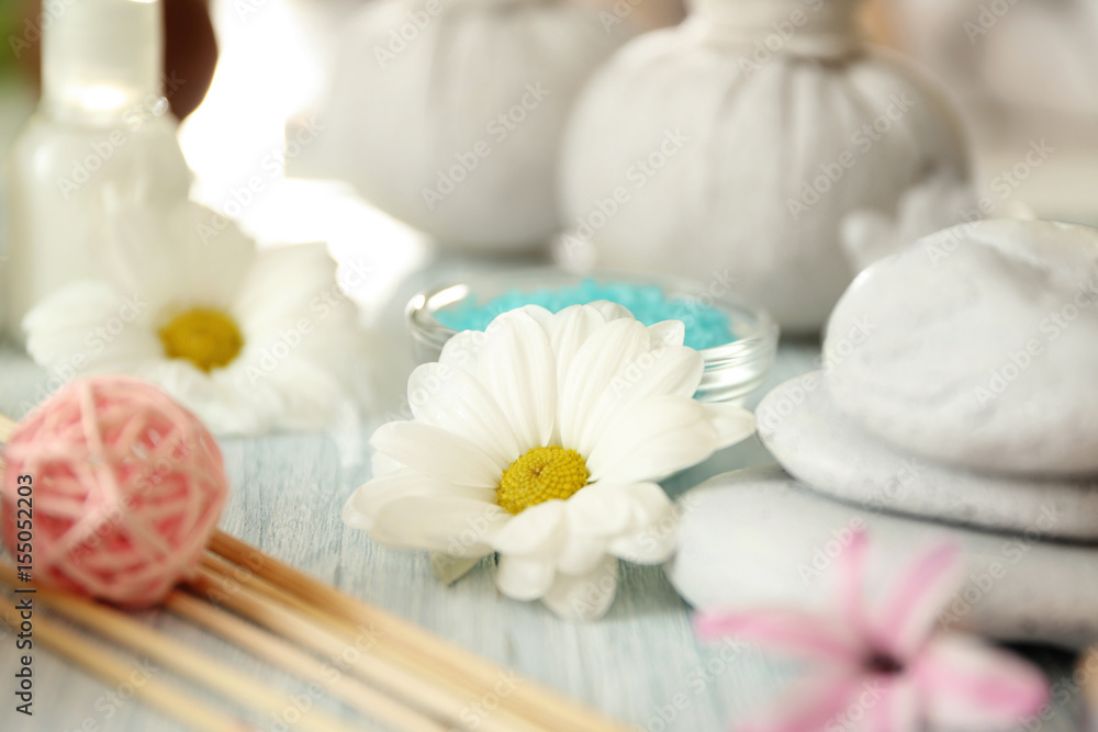 Beautiful spa composition with flower on table Beautiful spa composition with flower on table