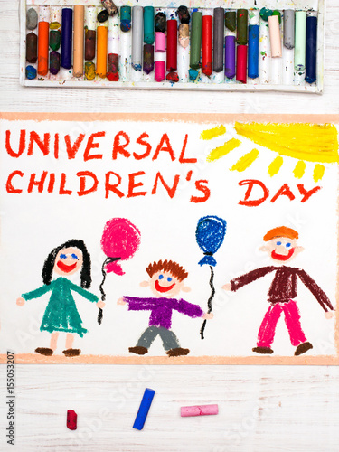Colorful drawing: Children's day card with German words Children's day