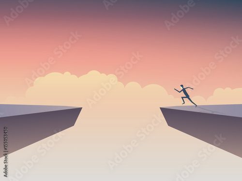 Businessman about to jump over gap between two cliffs. Symbol of business risk, courage, determination, motivation.