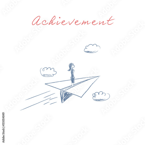 Businesswoman flying on paper plane vector. Symbol of business venture, success, freedom, achievement, leadership.