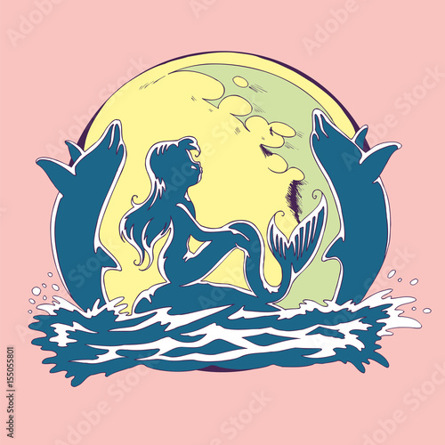 Mermaid with a full moon and jumping dolphins