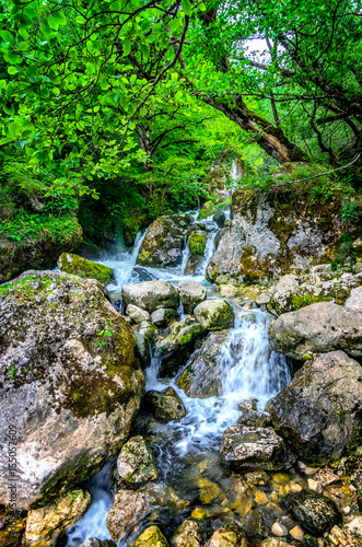 Jungle landscape with flowing turquoise water of georgian cascade waterfall at deep green forest. Mountain of georgia