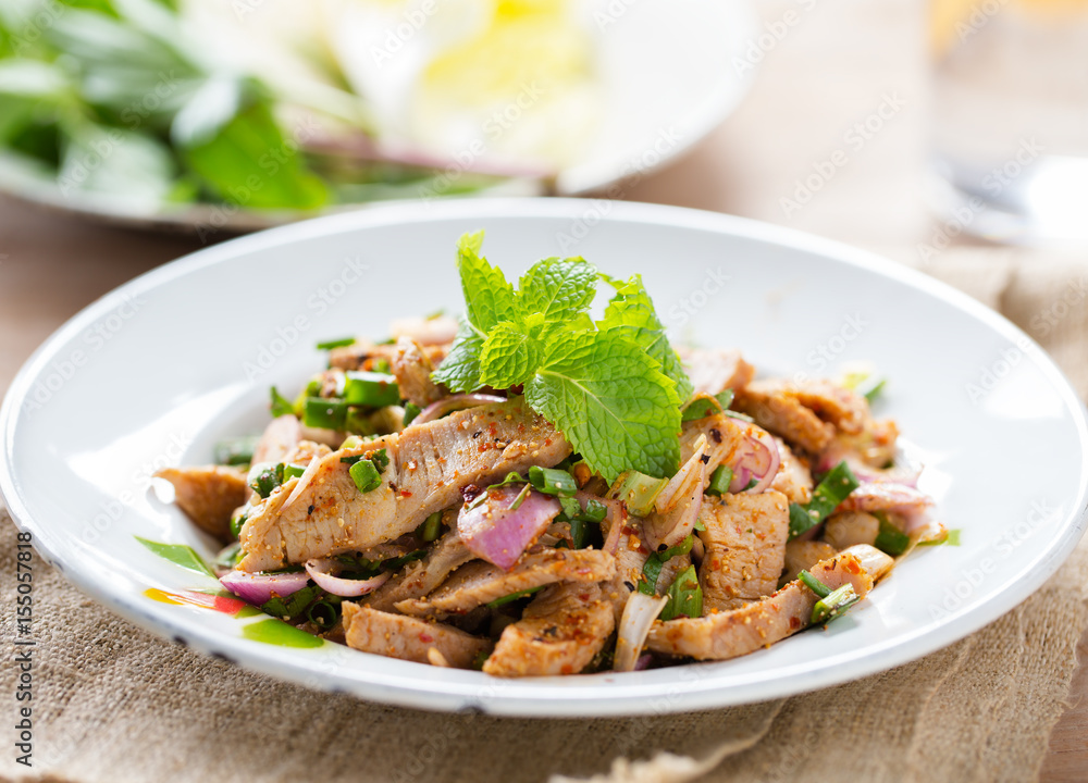 hot and spicy sliced grilled pork salad,thai food hot and spicy sliced grilled pork salad,thai food