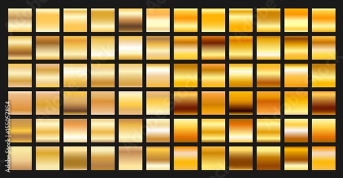 Digital design golden gradient icons. Vector gold shiny plate object textures set isolated on black background