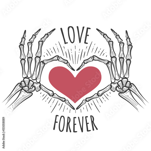 Love you forever vector illustration with skeleton pink heart hands in doodle sketch style