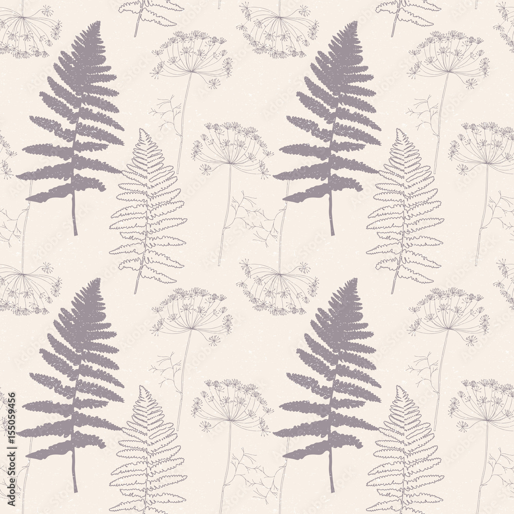 Vector floral pattern with dill or fennel flowers and fern leaves. Simple hand drawn flowers and leaves outlines in dark purple  on beige background with worn out texture.