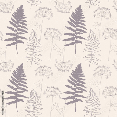 Vector floral pattern with dill or fennel flowers and fern leaves. Simple han...