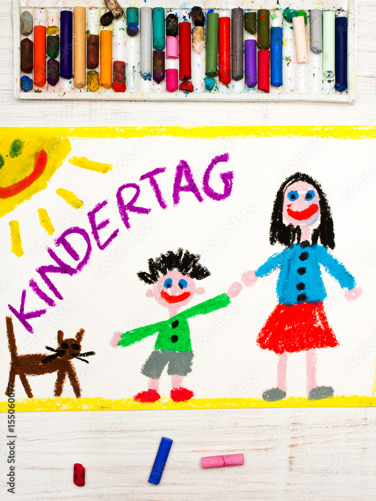 Colorful drawing: Children's day card with German words Children's day Colorful drawing: Children's day card with German words Children's day