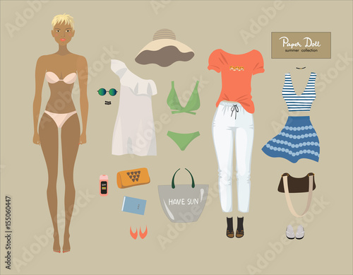 Dress up paper doll. Female body template. Summer wardrobe with trendy outfits.  Vector Isolated