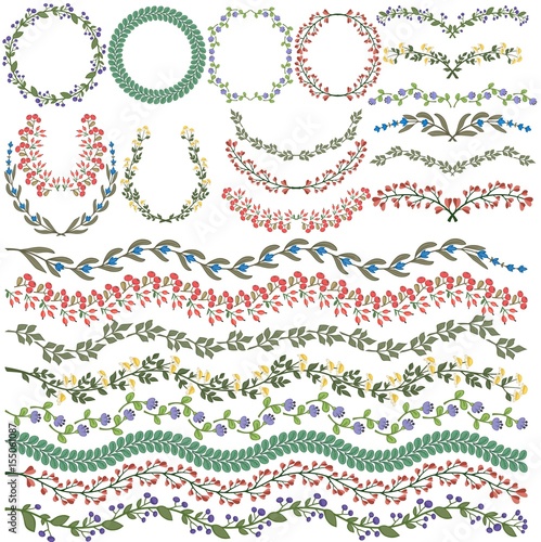 Set of vector colorful floral decorations. All brushes included.
