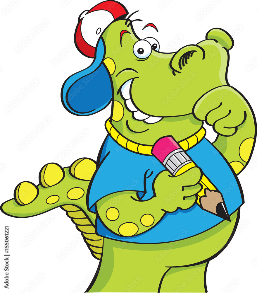 Obraz premium Cartoon illustration of a dinosaur holding a pencil.