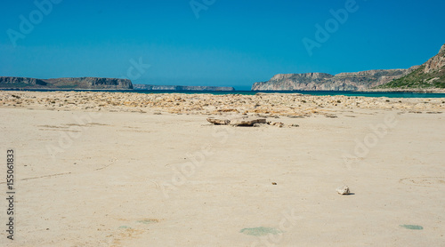 Balos beach, Greece Crete, view from the beach. Yellow sand and rocks