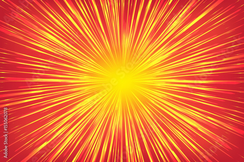 Golden, yellow, shiny radial rays speed lines on a bright red background, like a sun. Stylish festive illustration with effect power explosion