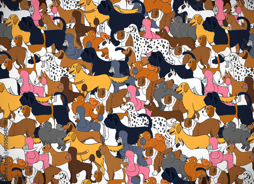 Cute greeting card with cartoon dogs. Different breeds.