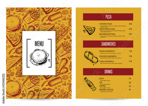 Creative fast food menu with hand drawn graphic. Restaurant food vector layout with pizza, hot dog, sandwich, chicken, drink doodles. Cafe vintage price card of junk food with snack linear sketches