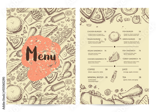 Hand drawn restaurant menu design. Cafe price catalog, junk food card with snack linear sketches. Snack vector brochure with hand drawn pizza, french fries, hot dog, chicken, drink pencil doodles.