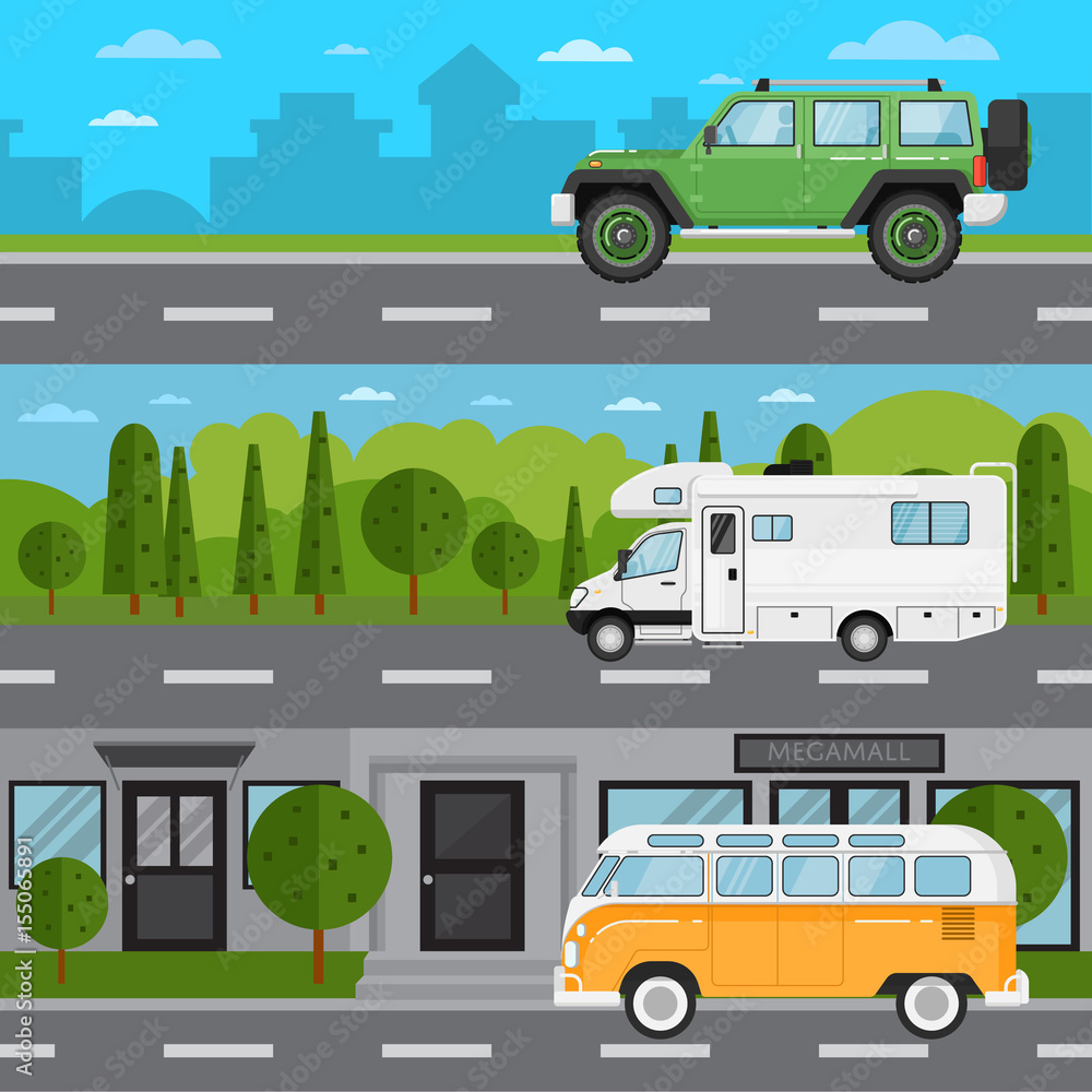 Off road car, camper van and retro bus on highway. Road traffic vector illustration set with countryside and cityscape background. Modern automobile, people transportation, auto vehicle in flat design