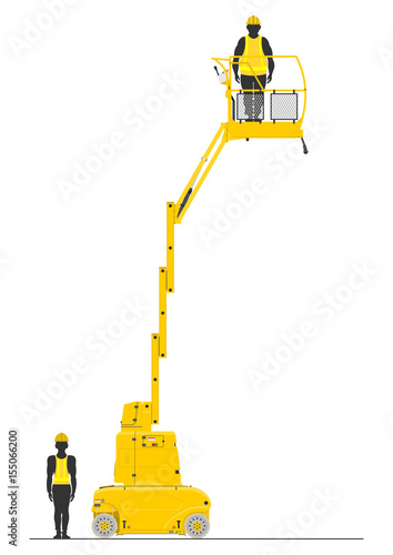 Yellow vertical mast lift. Side view. Flat vector.