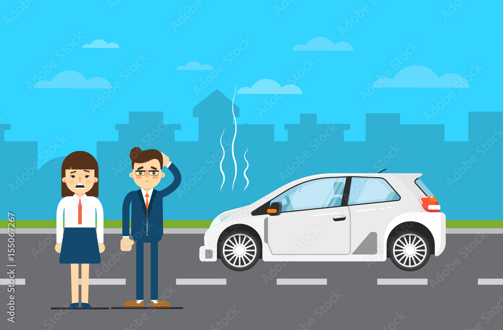 Car repairs banner with people couple standing near broken universal car on highway. Vector illustration for automobile repair service, auto assistance, car help. Road accident or car trouble Car repairs banner with people couple standing near broken universal car on highway. Vector illustration for automobile repair service, auto assistance, car help. Road accident or car trouble