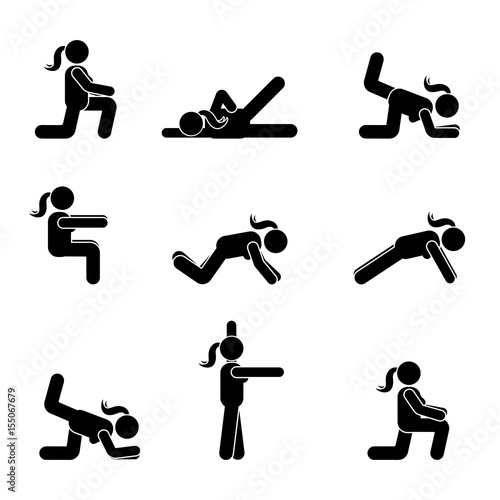 Exercises body workout stretching woman stick figure. Healthy life style vector pictogram.