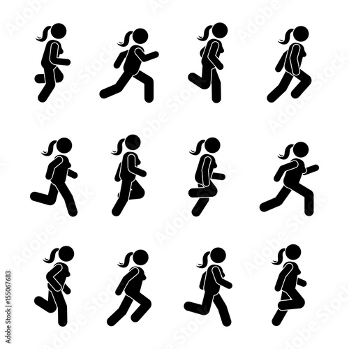 Woman people various running position. Posture stick figure. Vector illustration of posing person icon symbol sign pictogram on white