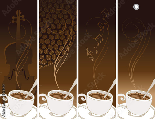 set of banners on the theme of coffee and music with cup and saucer on the different brown backgrounds