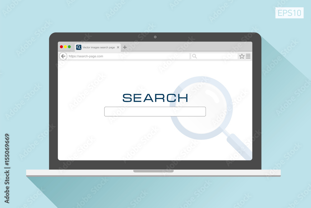 Web page search in flat style on the laptop screen, color background, magnifying glass. Internet browser. Vector design object for you project 