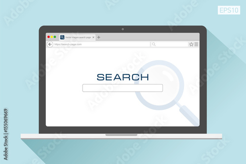 Free Download Web page search in flat style on the laptop screen, color background, magnifying glass. Internet browser. Vector design object for you project  - GFXLoad