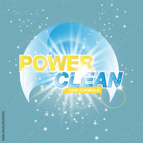 Advertising banner of detergent. Power Clean on light effect background