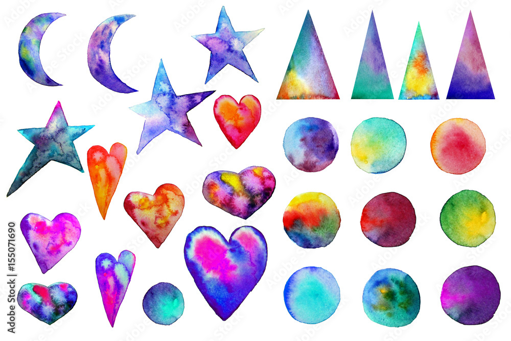 illustration. . Colorful watercolor splashes isolated on white background. Rainbow blots. Hand drawn geometric elements triangles hearts moon stars. Bright and teen. Brush paint. Set of colored spots.