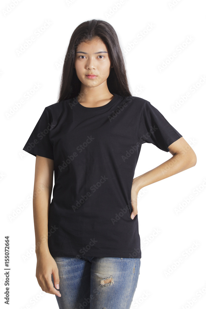 Beautiful girl in a blue jeans and black T-shirt on white background Beautiful girl in a blue jeans and black T-shirt on white background