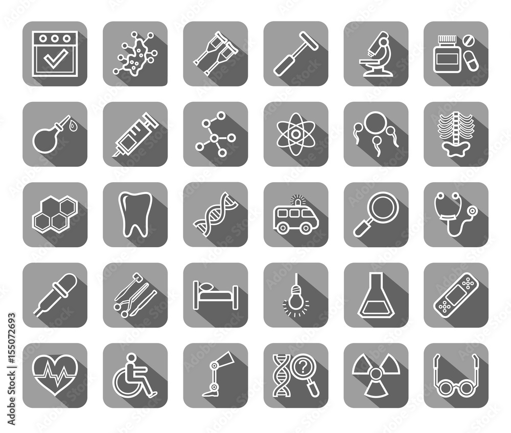 Fototapeta premium Medicine, icons, contour drawing, flat, gray, vector.Medical services specialization. The profession of doctors. Medical instruments. White line images on a gray background with shadow.