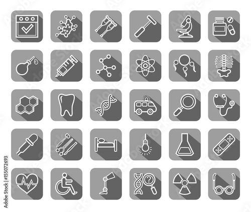 Medicine, icons, contour drawing, flat, gray, vector.Medical services specialization. The profession of doctors. Medical instruments. White line images on a gray background with shadow. 