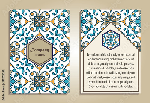 Vector set of colorful brochure templates for business and invitation. Portuguese, Moroccan; Azulejo; Arabic; asian ornaments