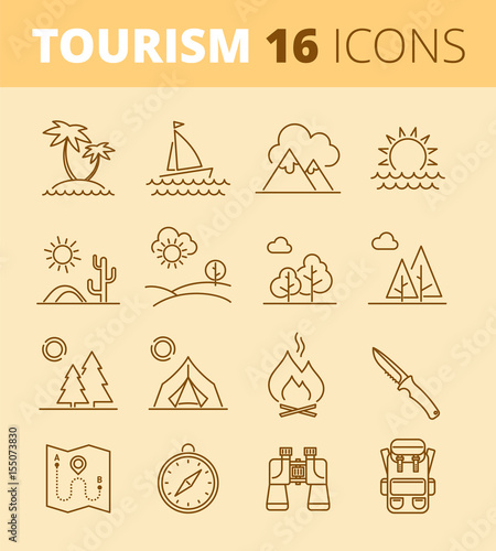Tourism, vacation and camping outline icons: landscapes, sea, mountain, forest and fire. Vector thin line symbol and sign set. Isolated infographic elements for web, presentation, social network.