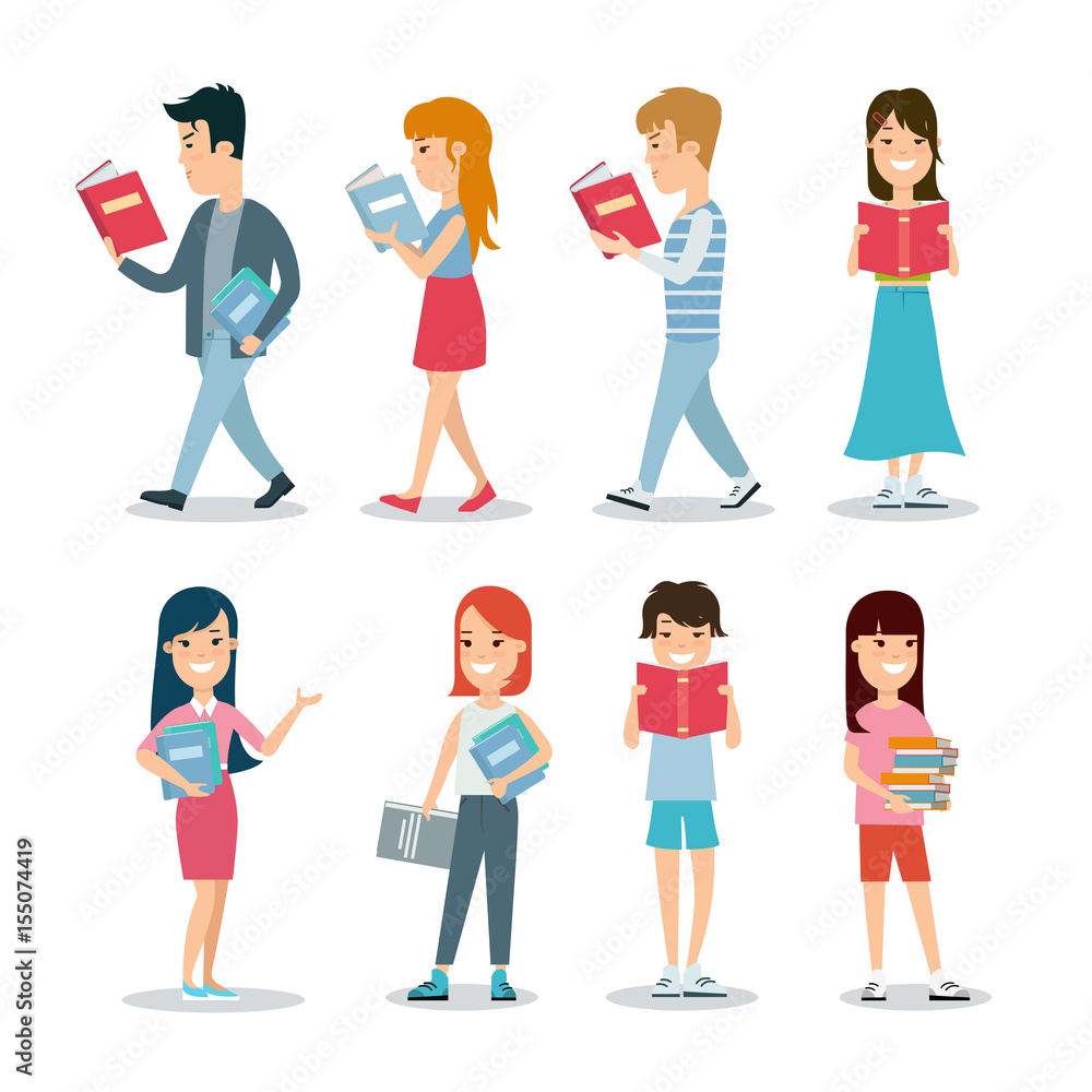 Flat students reading books vector illustration. Education. Flat students reading books vector illustration. Education.
